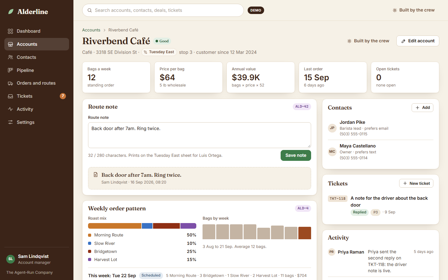 Riverbend Cafe account page with the Route note field, the saved note by Sam Lindqvist, the weekly order pattern, contacts and the TKT-118 ticket