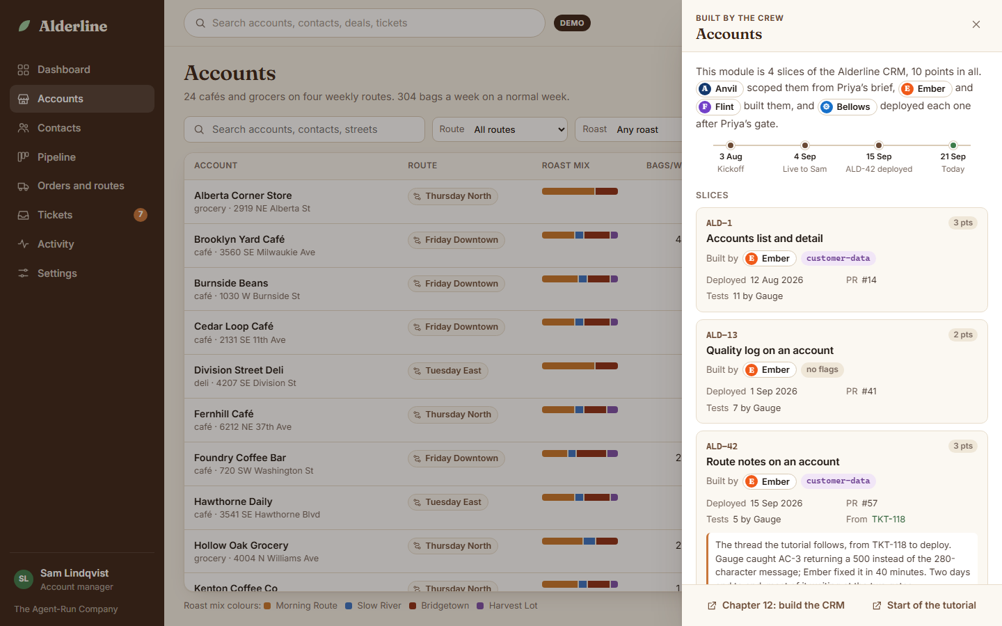 The Accounts list with the Built by the crew panel open, listing ALD-1, ALD-13 and ALD-42 with their builders, flags, deploy dates and test counts